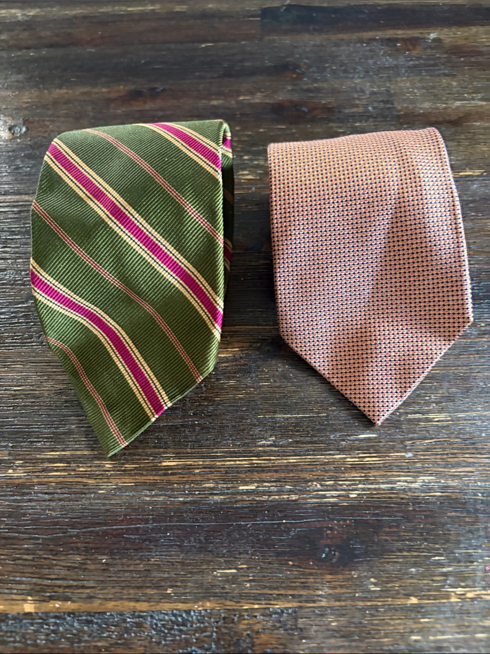 Paul Stuart Olive Green & Pink Striped Tie and Salmon Dot Tie - Pair